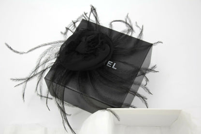 Chanel Vintage 81-85 Tulle Feather Black Camellia Silk Brooch
