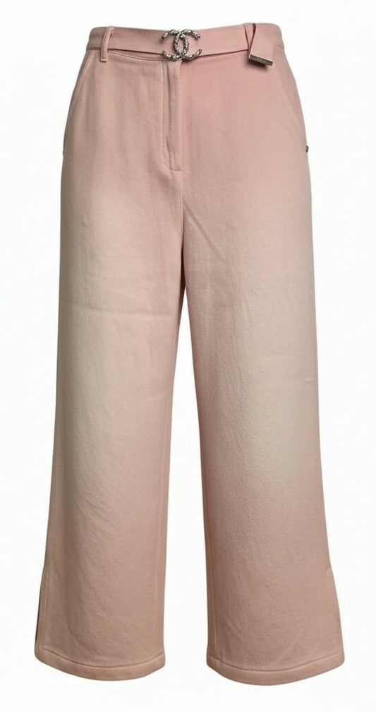 Chanel 19S Sand by the Sea CC Buckle Light Pink Cotton Wide Leg Jeans FR 44