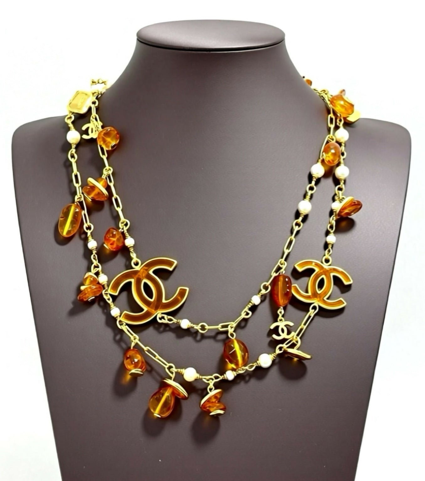 Chanel 11C Runway Amber Orange Gold Pearl Sautoir Long Strand Statement Necklace