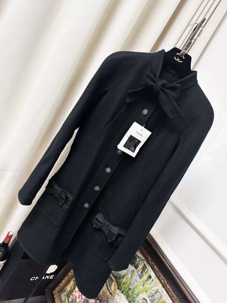 Chanel 24B bow-tie black wool coat