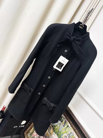 Chanel 24B bow-tie black wool coat