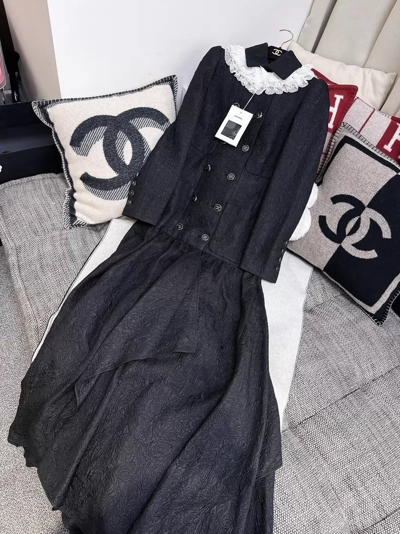 Chanel 21A Black Embossed Long Coat with Ruffled Collar