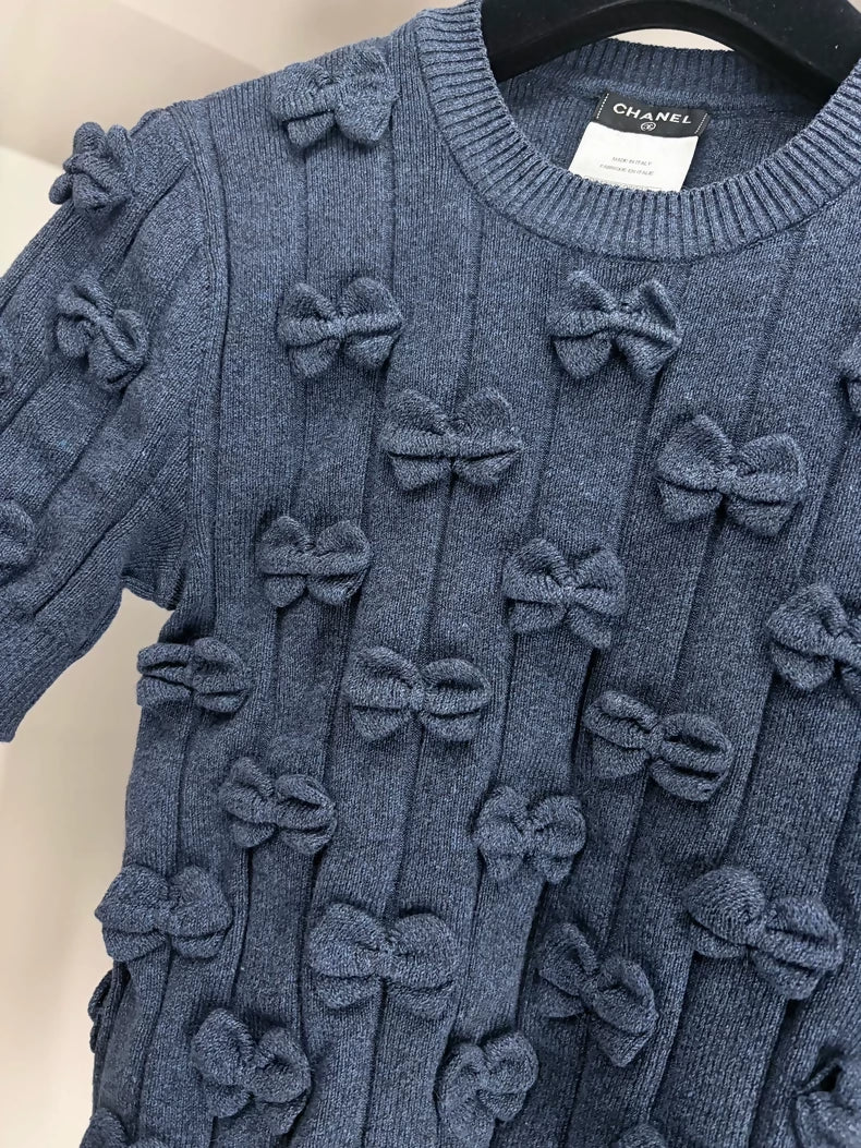 Chanel 15P Navy Blue Cashmere T-Shirt with Bows
