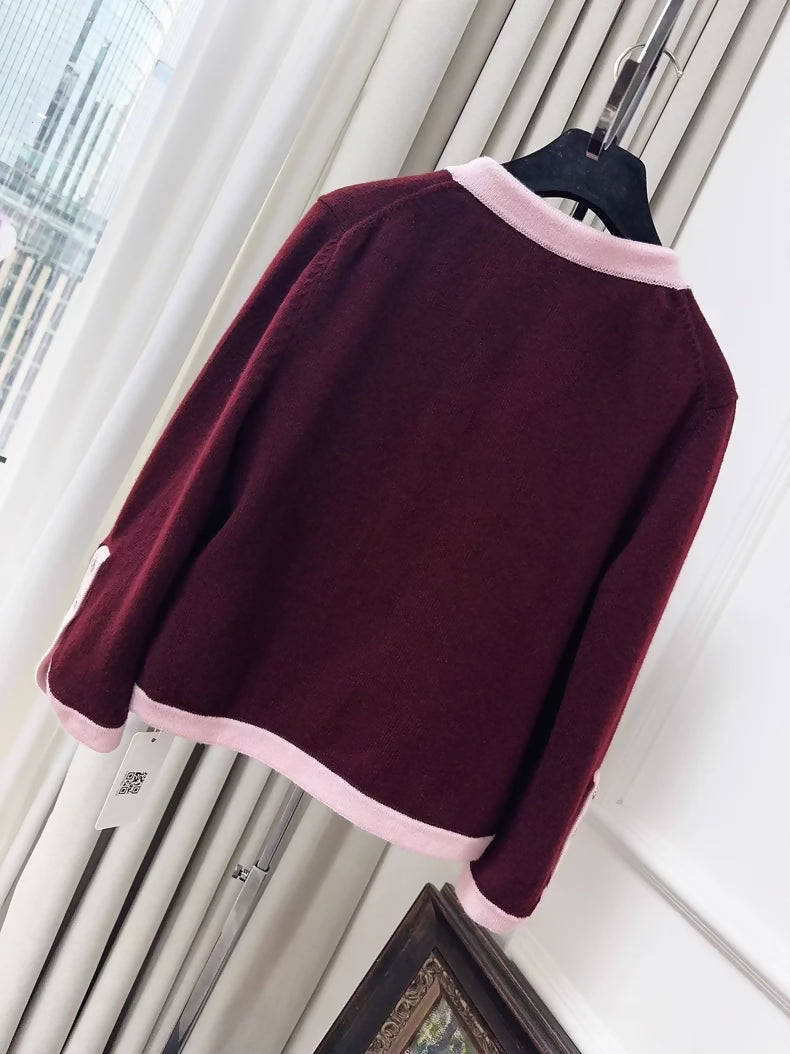 Chanel 25A burgundy and pink cashmere cardigan