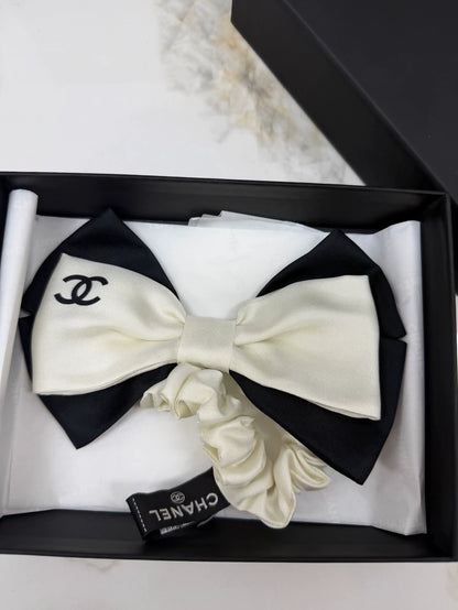 Chanel bow hair tie black and white