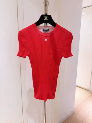 Chanel 26M Red Double C Vertical Ribbed Short-Sleeve Knit Top