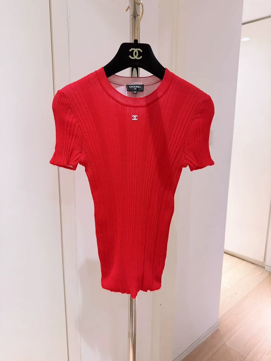 Chanel 26M Red Double C Vertical Ribbed Short-Sleeve Knit Top