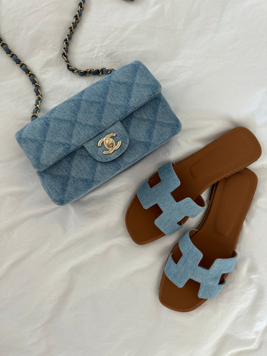 Rent the Chanel Blue Quilted Denim Rectangular Mini Flap Bag Gold Hardware