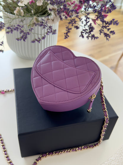 Rent the 22S CHANEL Purple Heart Bag CC in Love Mini Lambskin Crossbody Clutch bag