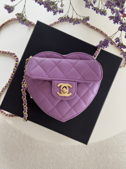 Rent the 22S CHANEL Purple Heart Bag CC in Love Mini Lambskin Crossbody Clutch bag