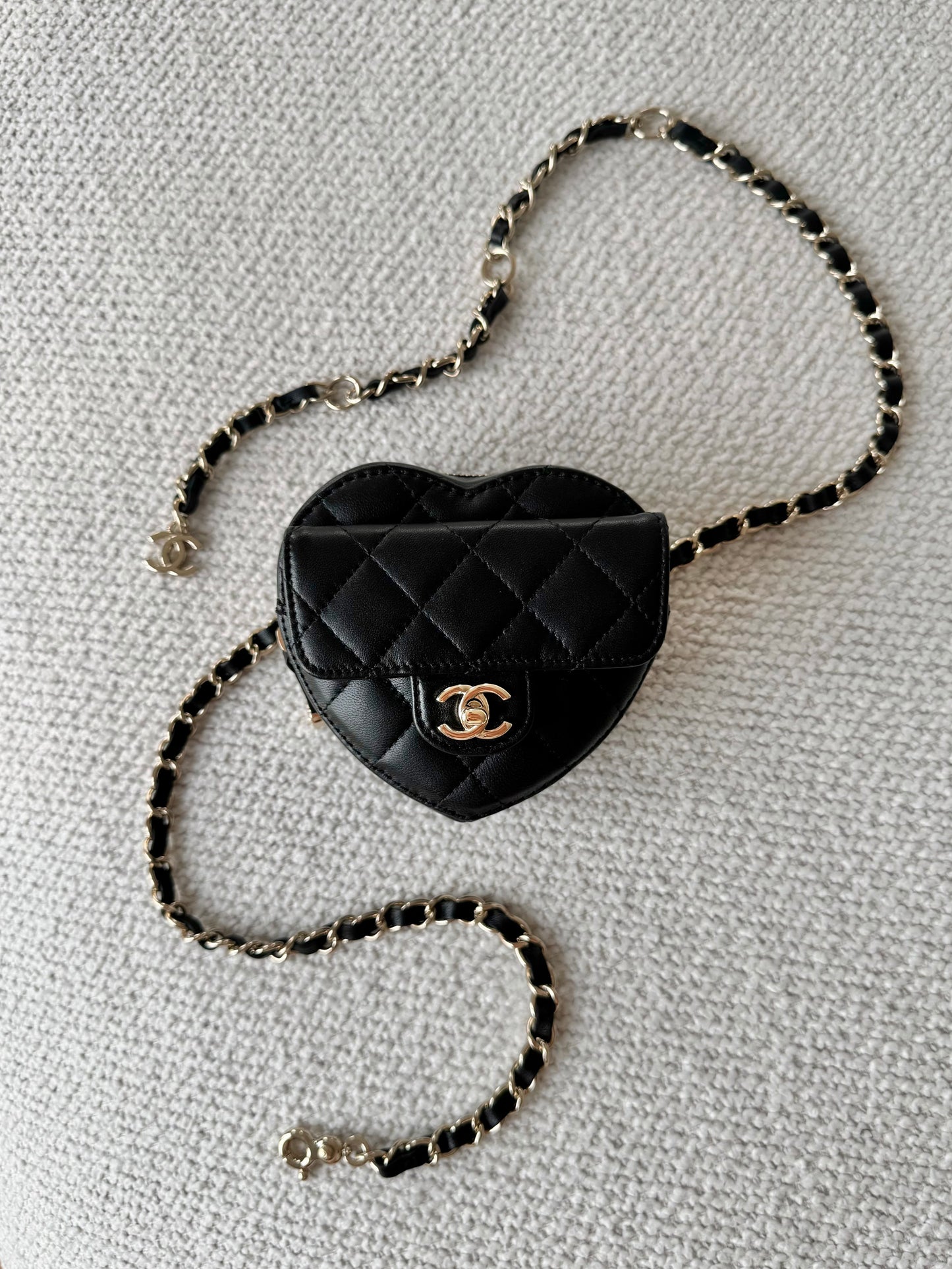 Rent the Chanel Black Quilted Lambskin Mini CC In Love Heart Bag Pale Gold Hardware, 2021