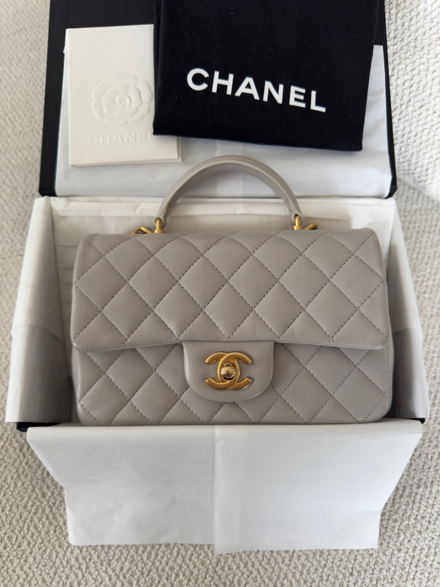 Rent the Chanel Mini Rectangular Top Handle Flap Bag Grey Lambskin Light Gold Hardware