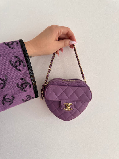 Rent the 22S CHANEL Purple Heart Bag CC in Love Mini Lambskin Crossbody Clutch bag