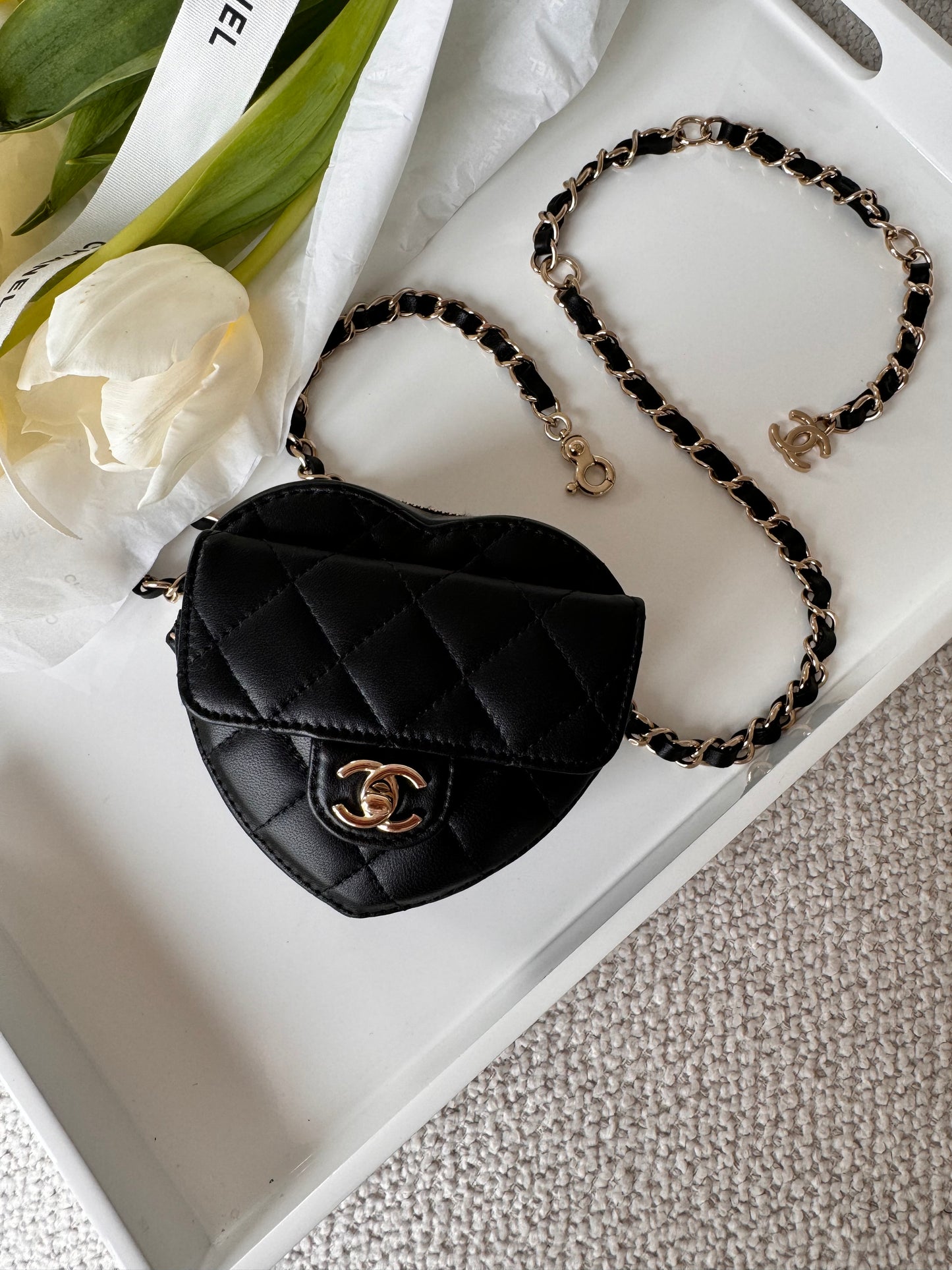 Rent the Chanel Black Quilted Lambskin Mini CC In Love Heart Bag Pale Gold Hardware, 2021