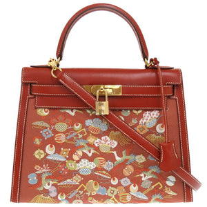 Rare vintage Hermès Kelly 28 Sellier Embroidered Kimono Box Calf Brick leather Gold Hardware