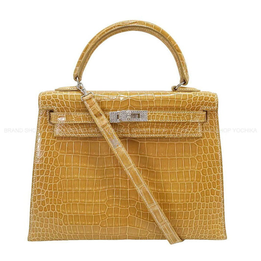 Hermes Kelly 25 Poudre Crocodile Porosus Shiny/18 White Gold/Diamond White Gold Hardware