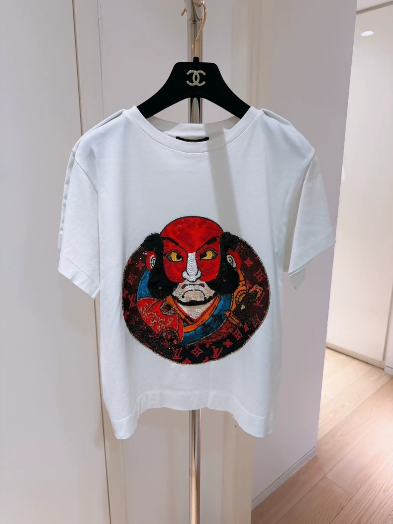 Louis Vuitton Yamamoto Kansai Limited Edition Daruma Face Sequin Embroidered Short-Sleeve T-Shirt