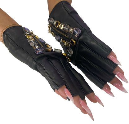 RARE New Chanel 11A Paris Byzance Black Leather Stones Gloves Size 7