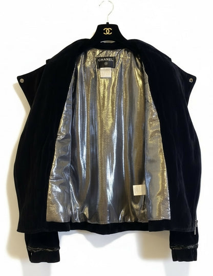 Rare Chanel 06A Runway Black Washed Velvet Bomber Biker Jacket FR 48