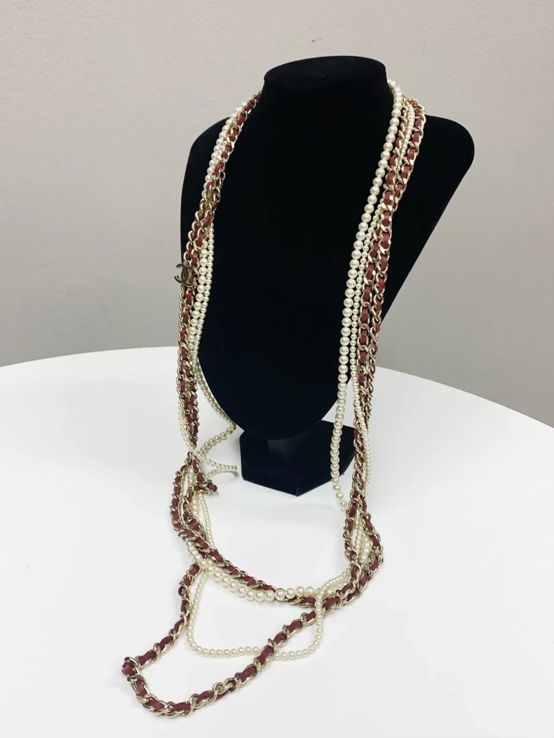 Chanel Vintage Collection Extra Long Multi Pearl and Leather Necklace