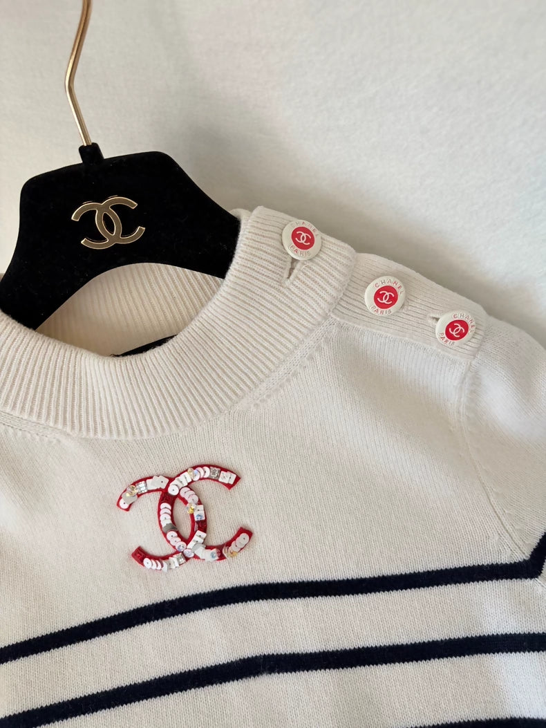 Chanel 23C Black and White Striped Double C Sequin Logo Sweater