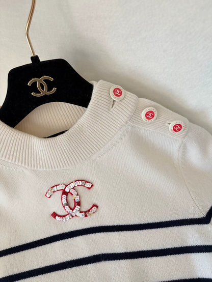 Chanel 23C Black and White Striped Double C Sequin Logo Sweater