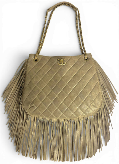 Chanel 14A Paris Dallas Iridescent Taupe Brown Nubuck Classic Hobo Shopper Tote Bag