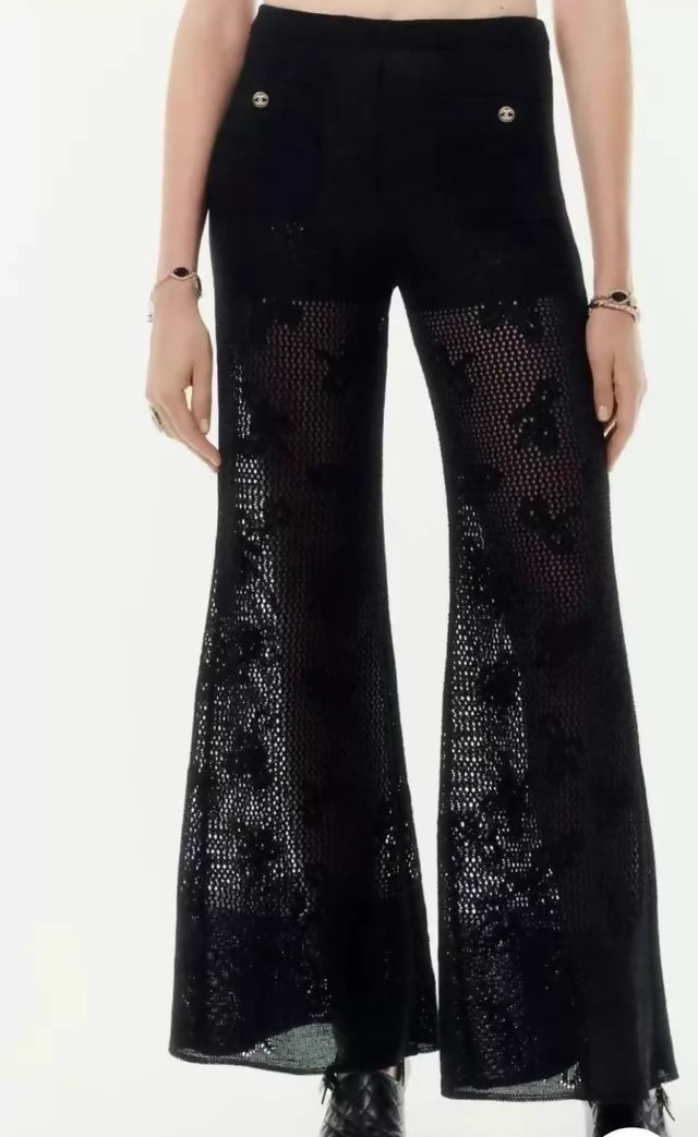 Chanel 23S black knit wide-leg pants with rhinestone buttons