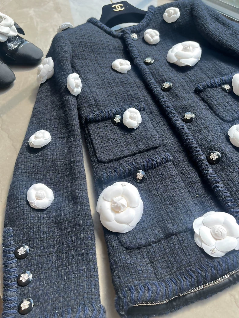 Chanel 23k black tweed white camelia jacket