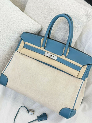 Hermès Birkin 35 Blue Swift Leather & Toile Canvas with Palladium Hardware