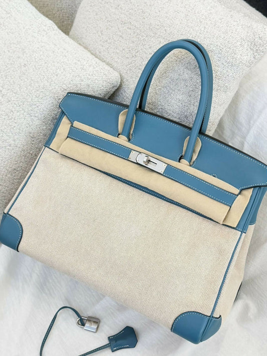 Hermès Birkin 35 Blue Swift Leather & Toile Canvas With Palladium Hardware