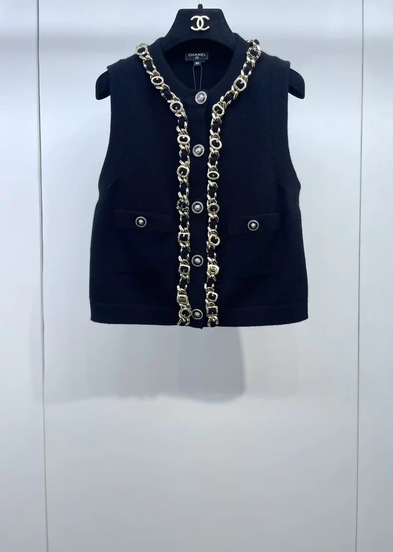 Chanel 24A Black and Gold Chain Knit Vest