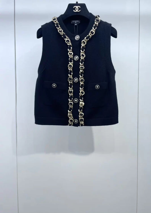 Chanel 24A Black and Gold Chain Knit Vest