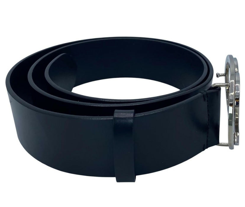 Chanel 2013 Black Silver Oval CC Leather Belt Size 90/36