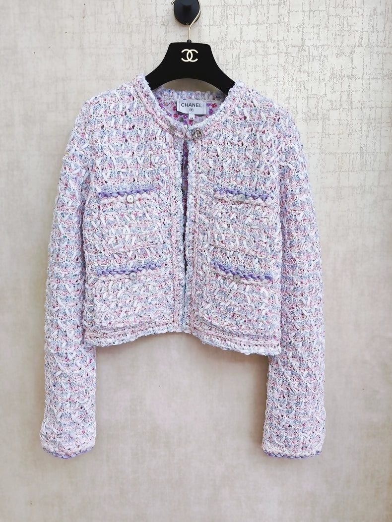 Chanel 25p floral rhinestone button colorful woven cardigan jacket