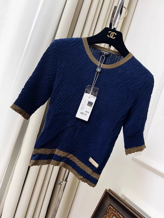 Chanel 20c navy blue & gold knit top