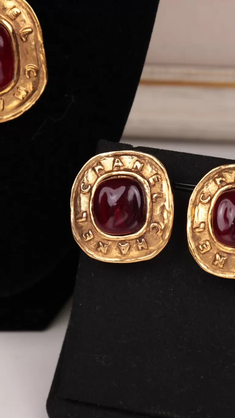 Chanel 1991 Burgundy Glass Earring and Necklace Set with Gold Trimming