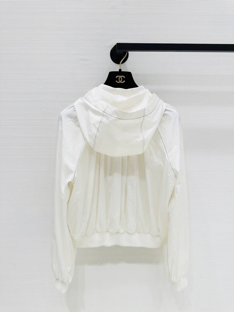 Chanel Coco Beach White Silk Hooded Jacket with Bow Tie, F38