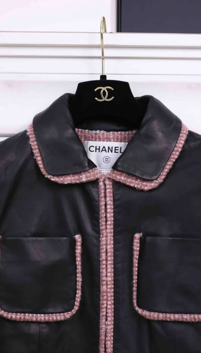Chanel 2003 black leather and pink tweed jacket
