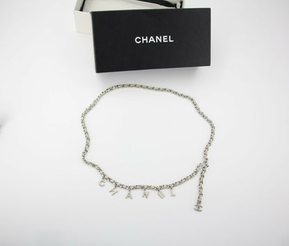 Chanel Vintage 09C Leather-threaded Metal Olive Green and Silver Waist Chain L91