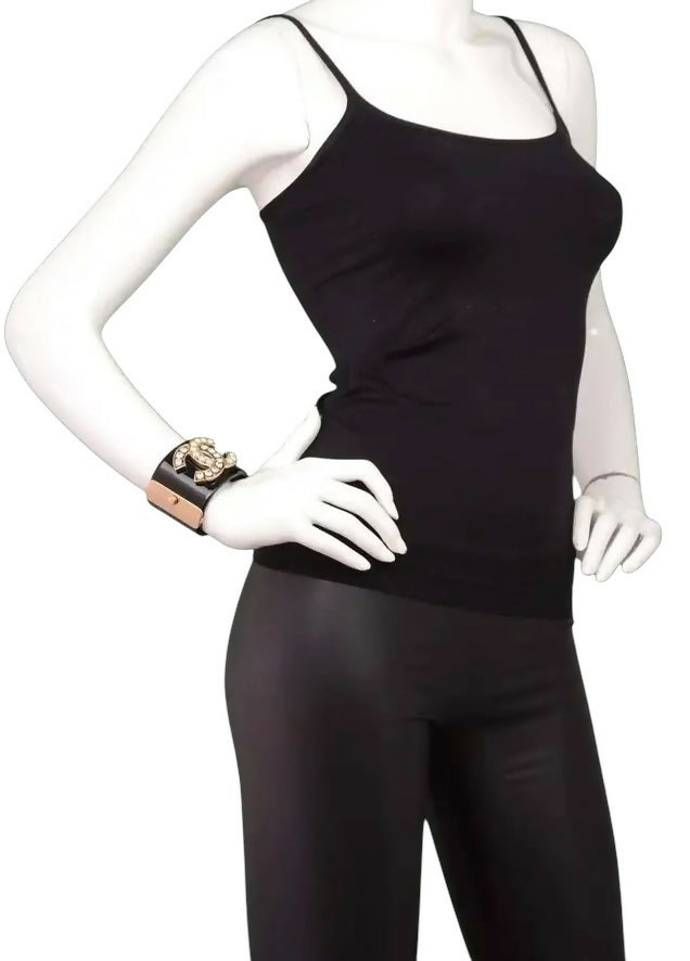 Chanel Iconic 14B Crystal & Pearl CC Wide Black Cuff Bracelet GHW