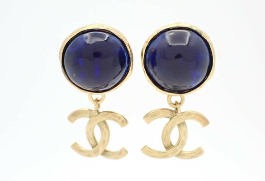 Chanel Vintage 96P Gripoix Blue Coco Mark Dangle Clip-on Earrings
