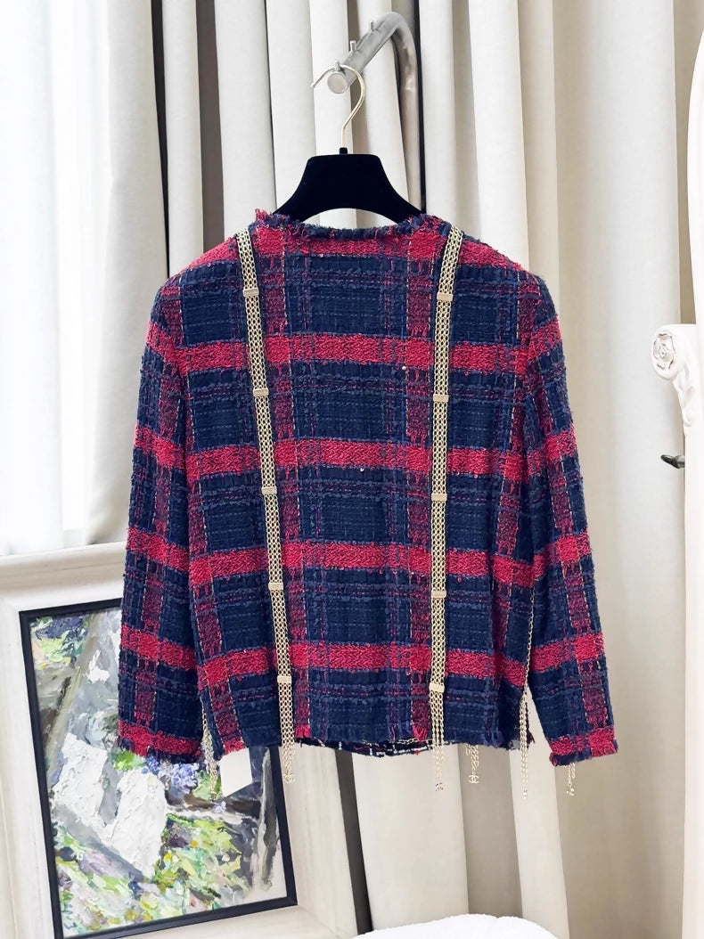 Chanel 08S blue and red tweed jacket with gold chain