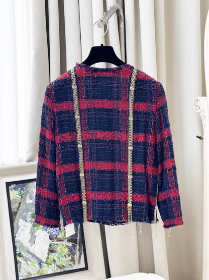 Chanel 08S blue and red tweed jacket with gold chain