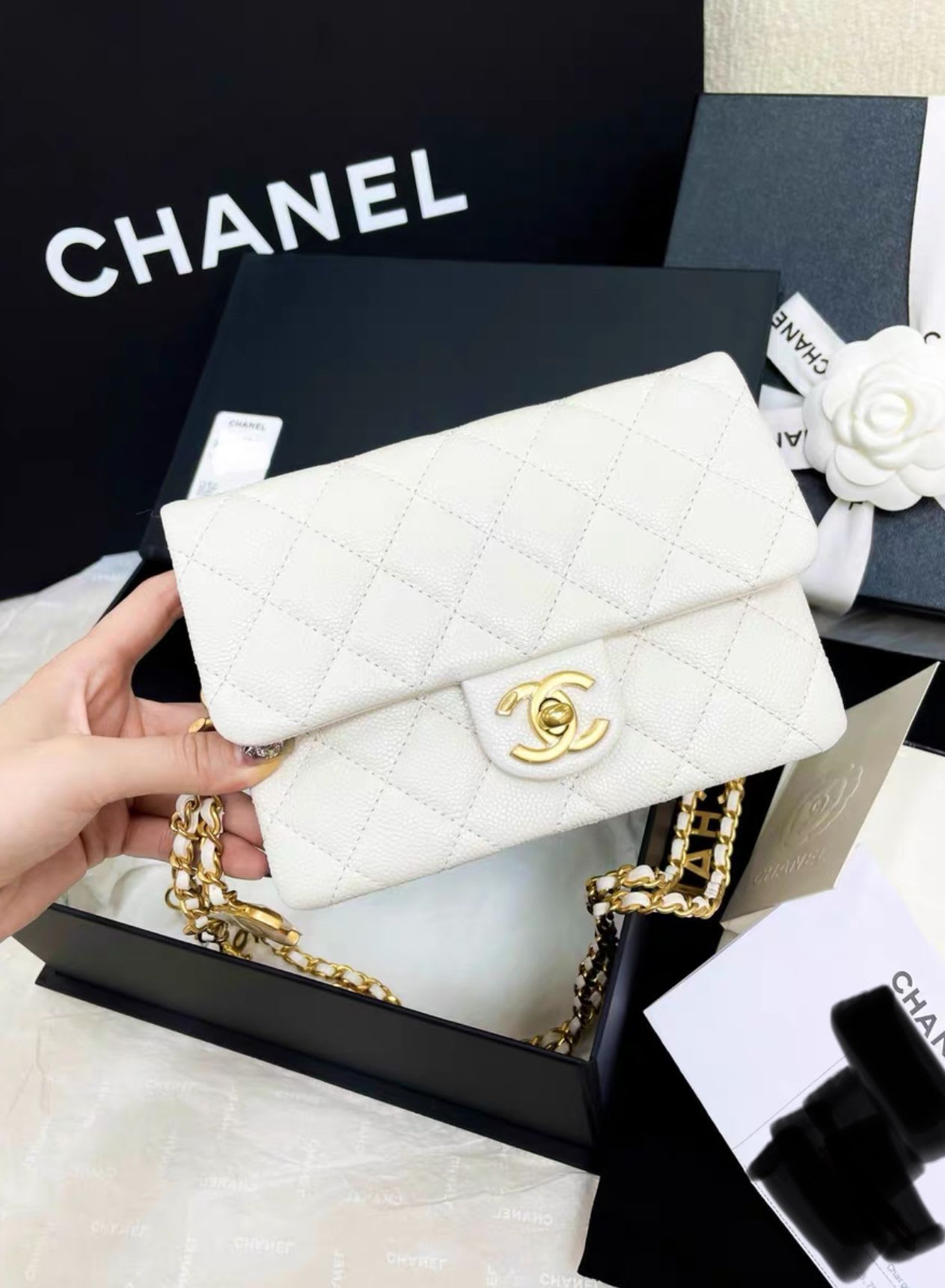 Chanel 22 White Gold Caviar Leather