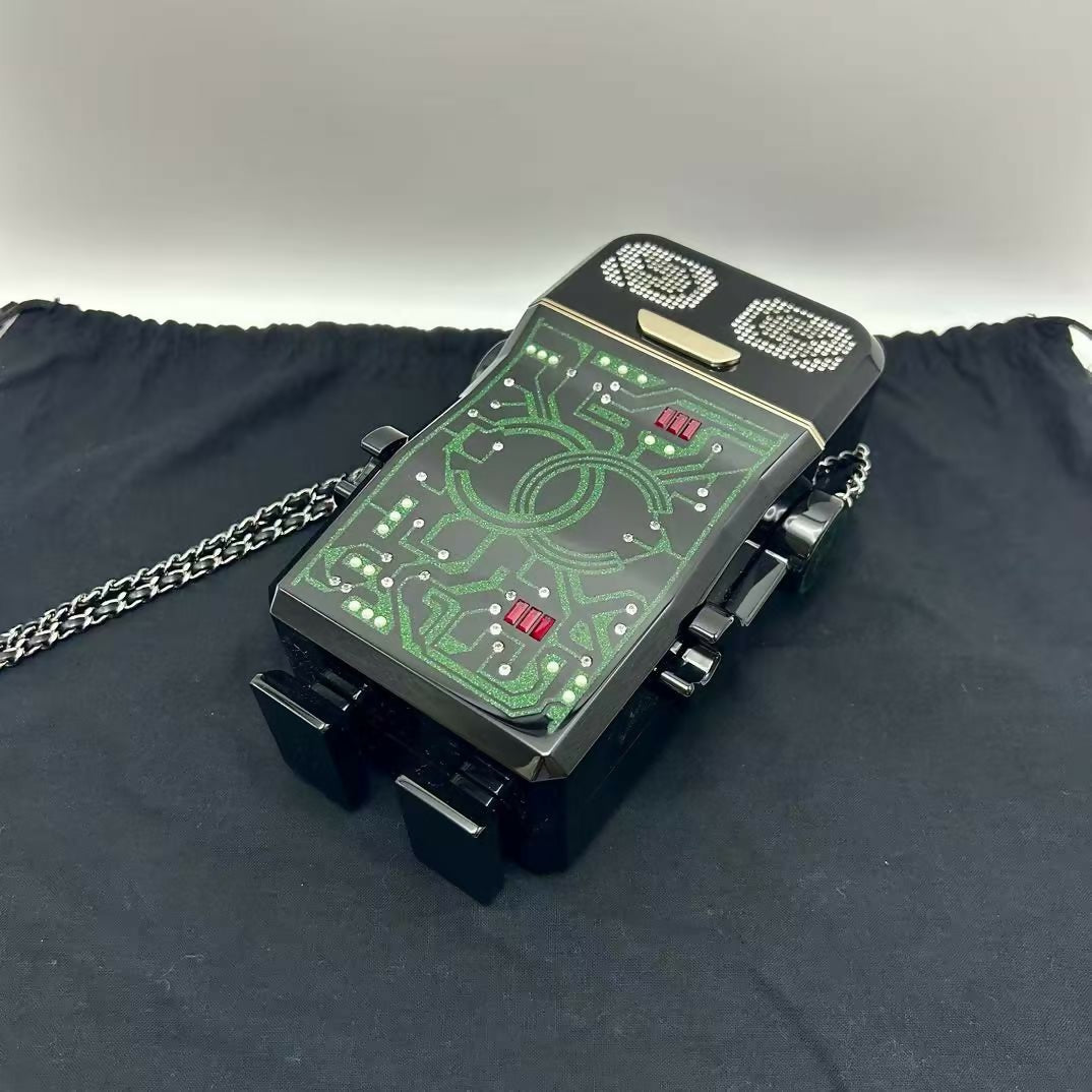 pre-owned chanel limited edition robot minaudière bag black plexiglass and crystals ruthenium hardware