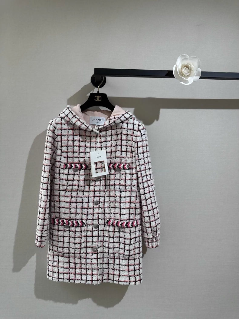 Chanel 24S tweed pink and white check hooded jacket