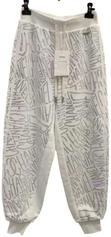 Chanel NWT 21N Coco Niege Swarovski CC White SweatPants Warm Winter Sport Pants FR 34