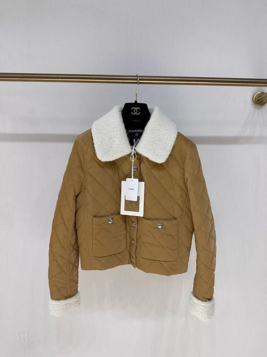 Chanel 24N khaki coat with rhinestone-embellished lamb's wool collar