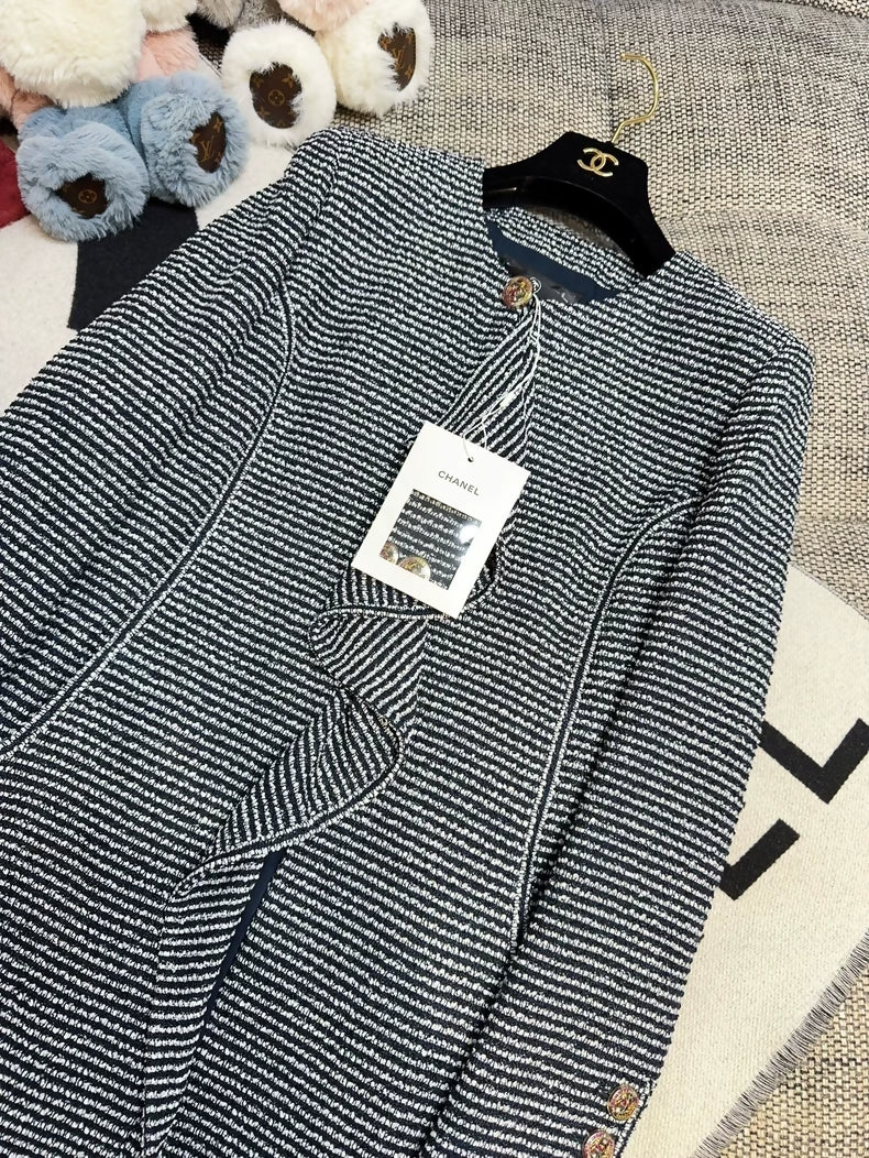 Chanel 20C navy blue and shimmering white striped tweed with ruffles coat